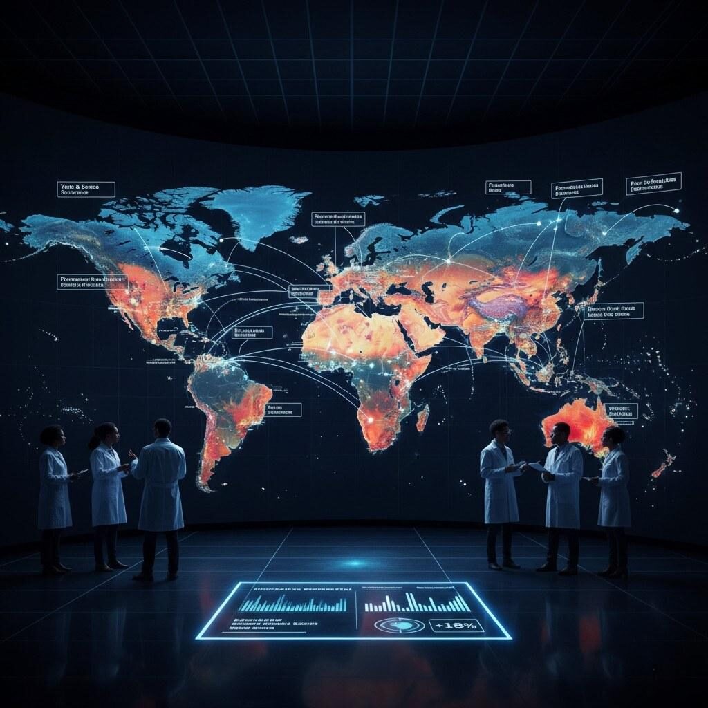 全球趋势图的可视化显示新兴口味、分析的消费者数据点和预测分析路径，指导全球战略食品和饮料创新