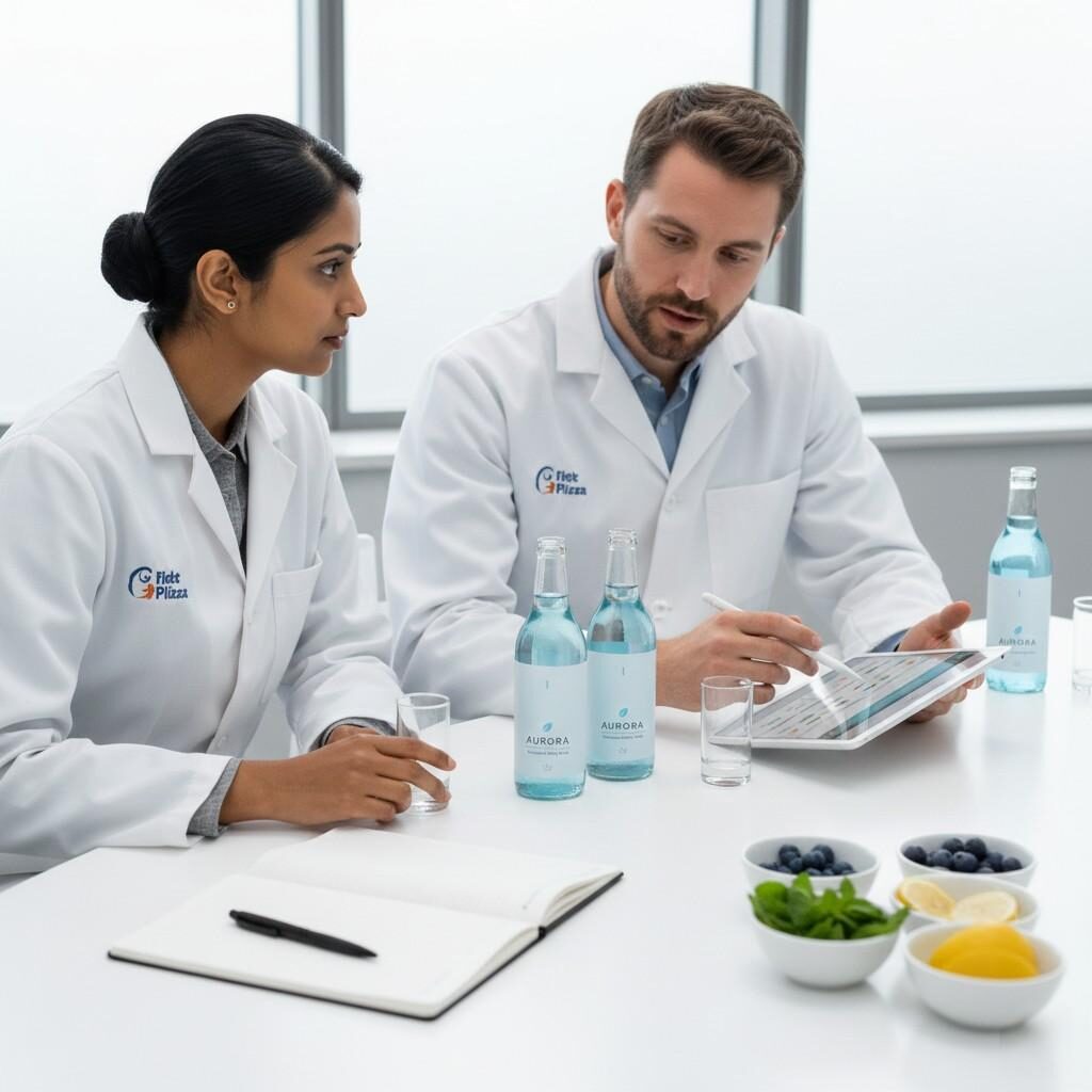 Une photo commerciale ambitieuse de haute qualité présentant une boisson fonctionnelle élégamment emballée à côté d'un écran d'ordinateur affichant une fiche scientifique réussie, mettant en évidence le mariage parfait entre l'innovation scientifique et le développement de produits prêts à être commercialisés.