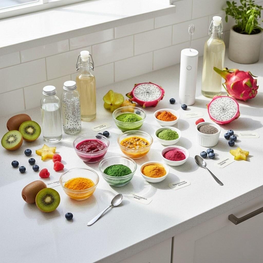 A stunning display emphasizing health and wellness, featuring vibrant, layered beverages and desserts created with natural fruit extracts and plant-based powders. The modern presentation on a clean counter highlights the freshness and visually appealing nature of these health-oriented, colorful treats.