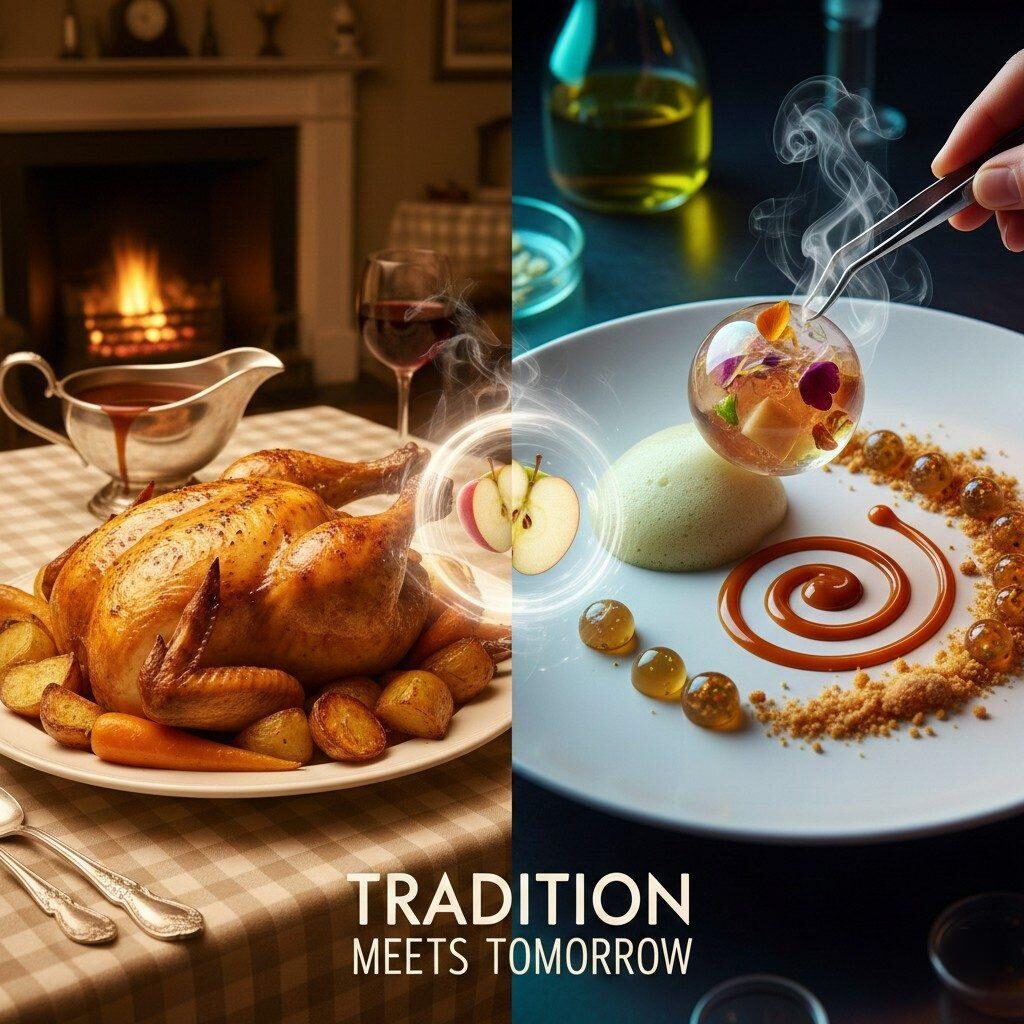 Explore the stunning visual contrast of culinary evolution. This high-definition, split-screen image juxtaposes a nostalgic, warm classic dish (like a Sunday Roast) with its sleek, modern, deconstructed molecular gastronomy counterpart, symbolizing the fusion of food tradition and innovation