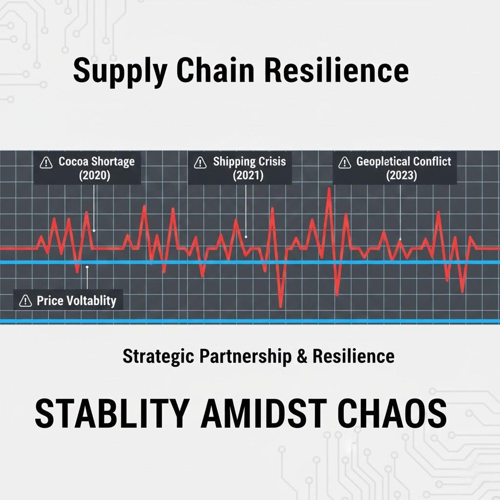 This conceptual graphic illustrates "Supply Chain Resilience." A timeline with jagged "Price Volatility" and "Disruption Events" (like "Cocoa Shortage," "Shipping Crisis") is contrasted by a smooth "Strategic Partnership" line, symbolizing stability and resilience amidst chaos.