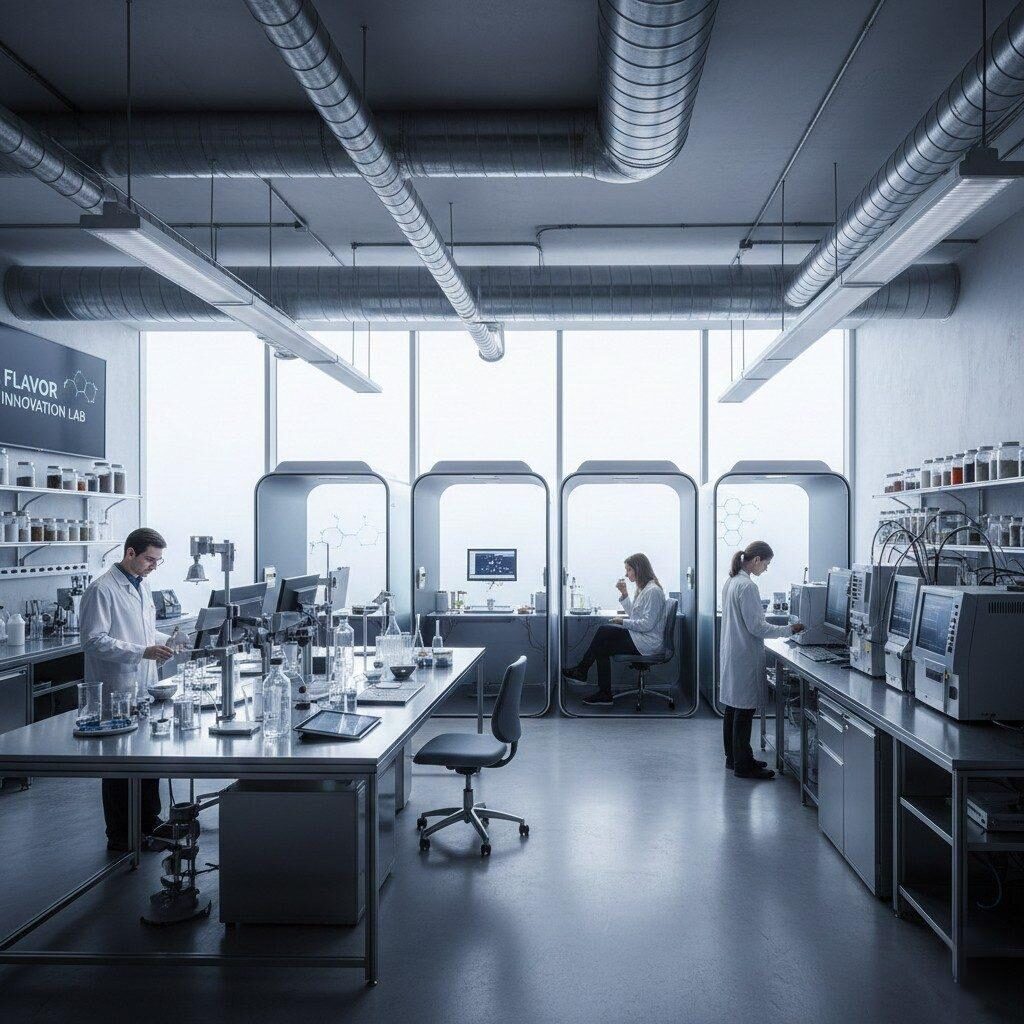 Explore a high-end flavor R&D laboratory featuring application technologists working at collaborative formulation stations, dedicated sensory testing booths, and sophisticated GC-MS instruments for advanced flavor analysis and development.