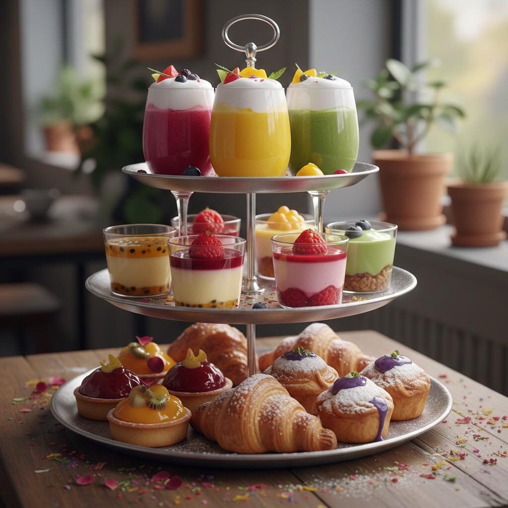 A stunning, social media-ready display featuring vibrant, naturally flavored layered beverages (smoothies/parfaits), glossy fruit tarts, and flaky croissants/muffins. Perfect for food blogs, cafe promotions, or dessert inspiration, highlighting colorful, fresh, and beautifully styled gourmet treats.