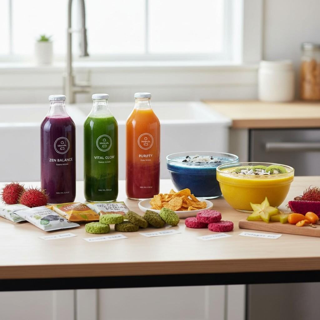 A beautiful lineup of functional beverages, layered smoothies, and accompanying plant-based snacks. The display emphasizes vibrant natural colors and clean-label ingredients, showcasing wellness-oriented flavor combinations ideal for healthy eating and modern lifestyle marketing.