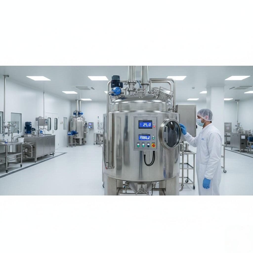 A panoramic shot of a clean, modern flavor compounding room highlights a large stainless steel industrial mixing tank with clear digital readouts. A technician in full GMP attire supervises the process, emphasizing the precision and sterile control vital for flavor production.