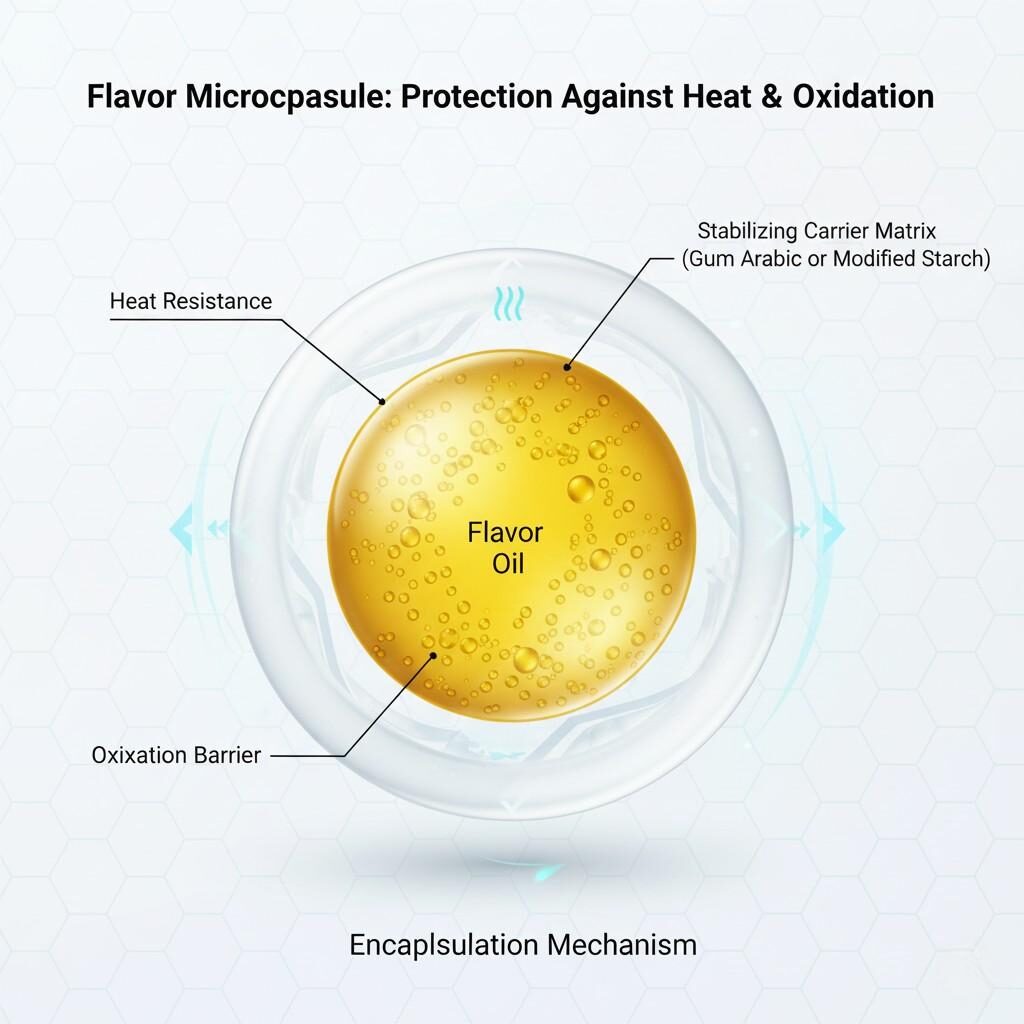 This conceptual illustration depicts a flavor microcapsule, with a vibrant 'Flavor Oil' core perfectly encased within a clear 'Stabilizing Carrier Matrix.' It highlights the encapsulation mechanism that provides protection against heat and oxidation.