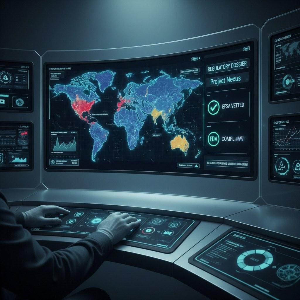 A powerful, futuristic, multi-screen digital dashboard symbolizing advanced RegTech. It features a real-time global map with color-coded risk indicators for impending regulatory changes and a 'Regulatory Dossier' interface displaying integrated compliance checks (e.g., EFSA Vetted, FDA Compliant). This image represents the future of automated, intelligent regulatory monitoring and risk management.