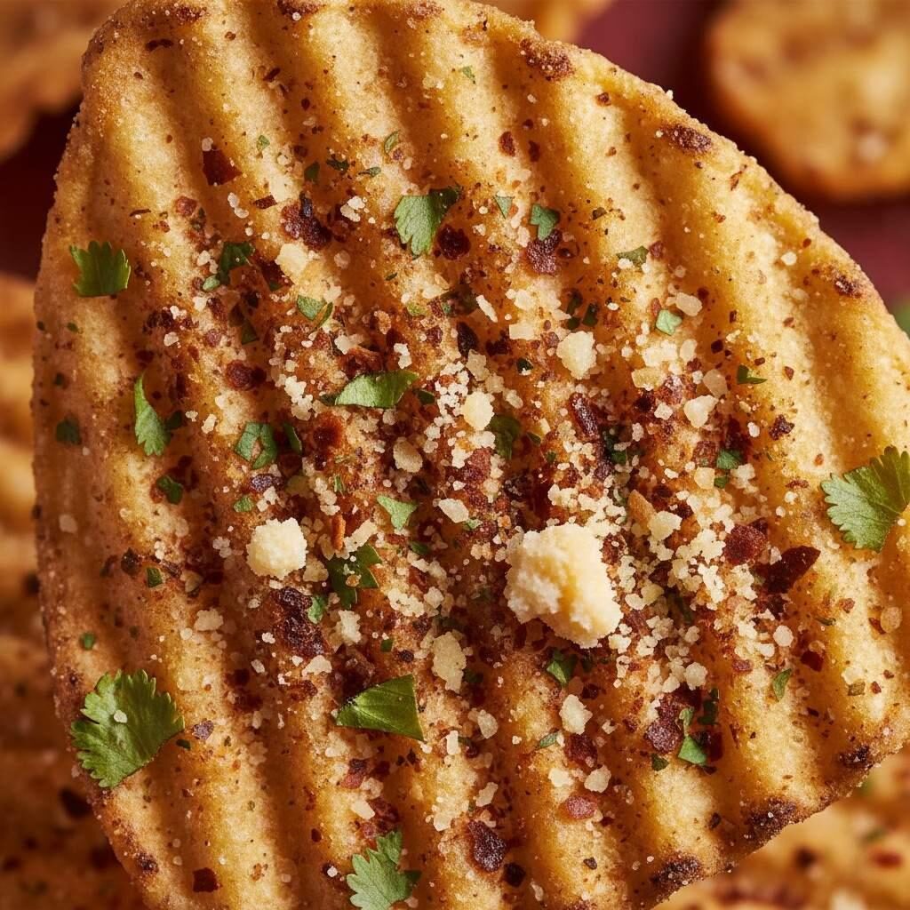 Extreme macro shot of a seasoned tortilla chip, highlighting the complex blend of red chili, green herbs, and cheese powder. Visually complex and high-contrast