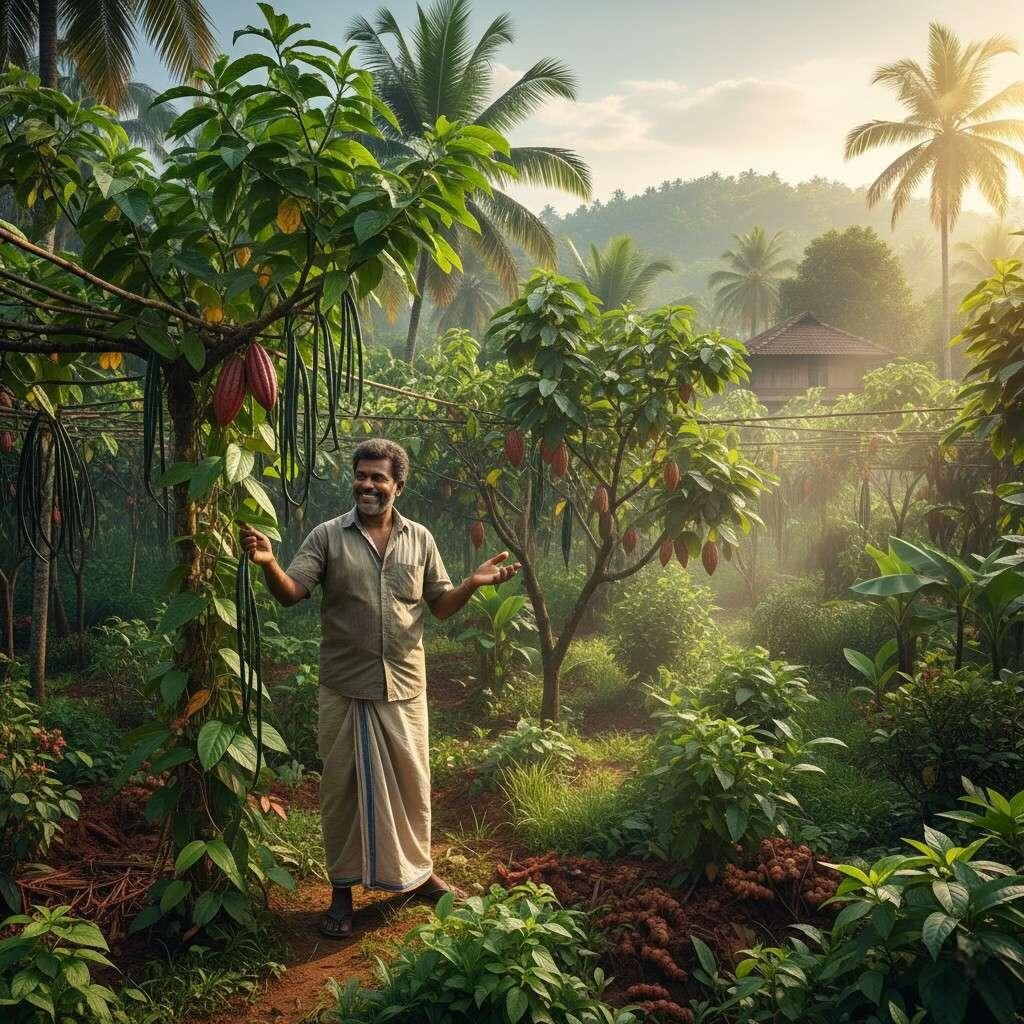 Wide-angle shot of a smiling farmer interacting with a high-value crop (vanilla or cocoa) on a small-scale, lush, tropical farm, emphasizing sustainable agroforestry and ethical sourcing