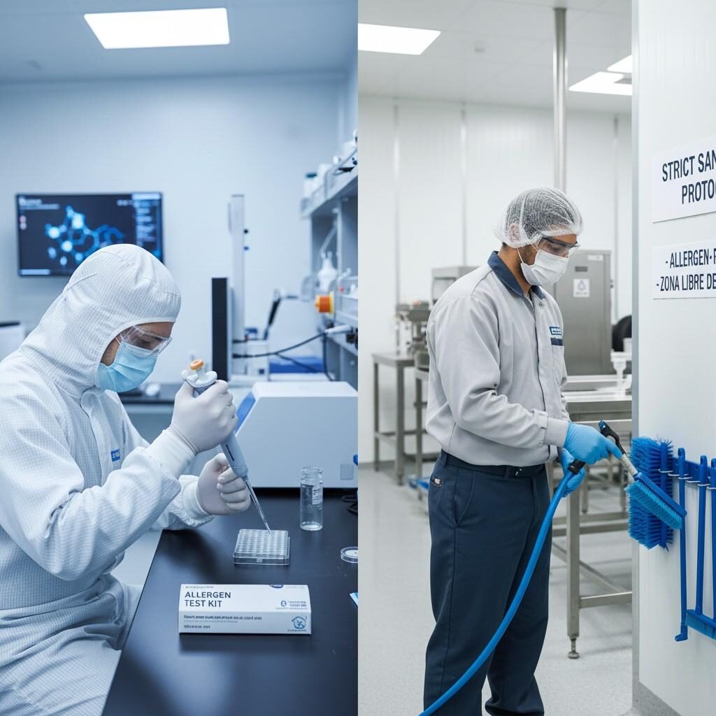 Split image demonstrating robust allergen control, featuring a lab technician performing an ELISA test on the left and a production employee adhering to strict sanitation and allergen-free zone protocols on the right
