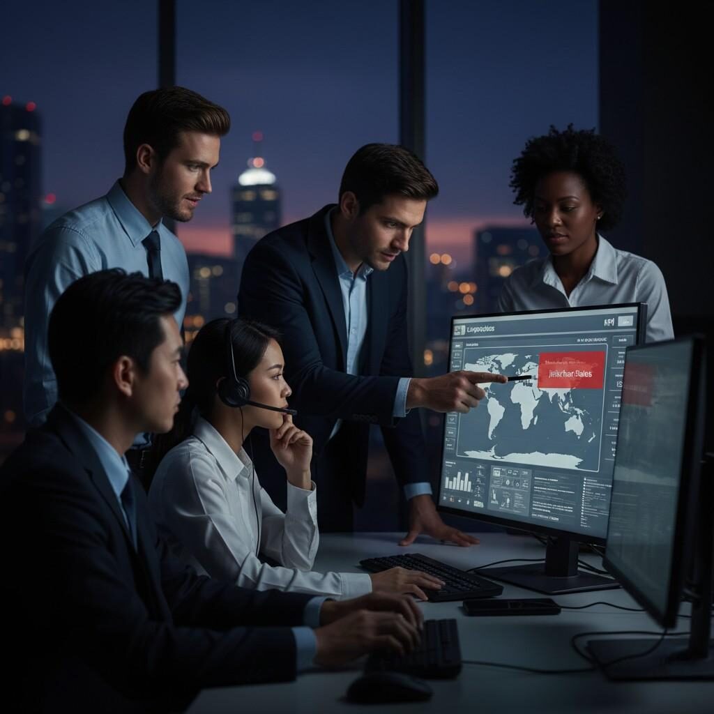 A dynamic shot of a diverse logistics team in a control room, collaborating around a large monitor. The image emphasizes communication, with one member pointing to a risk alert on the screen and another on a headset, symbolizing global communication and collaborative problem-solving in modern logistics.