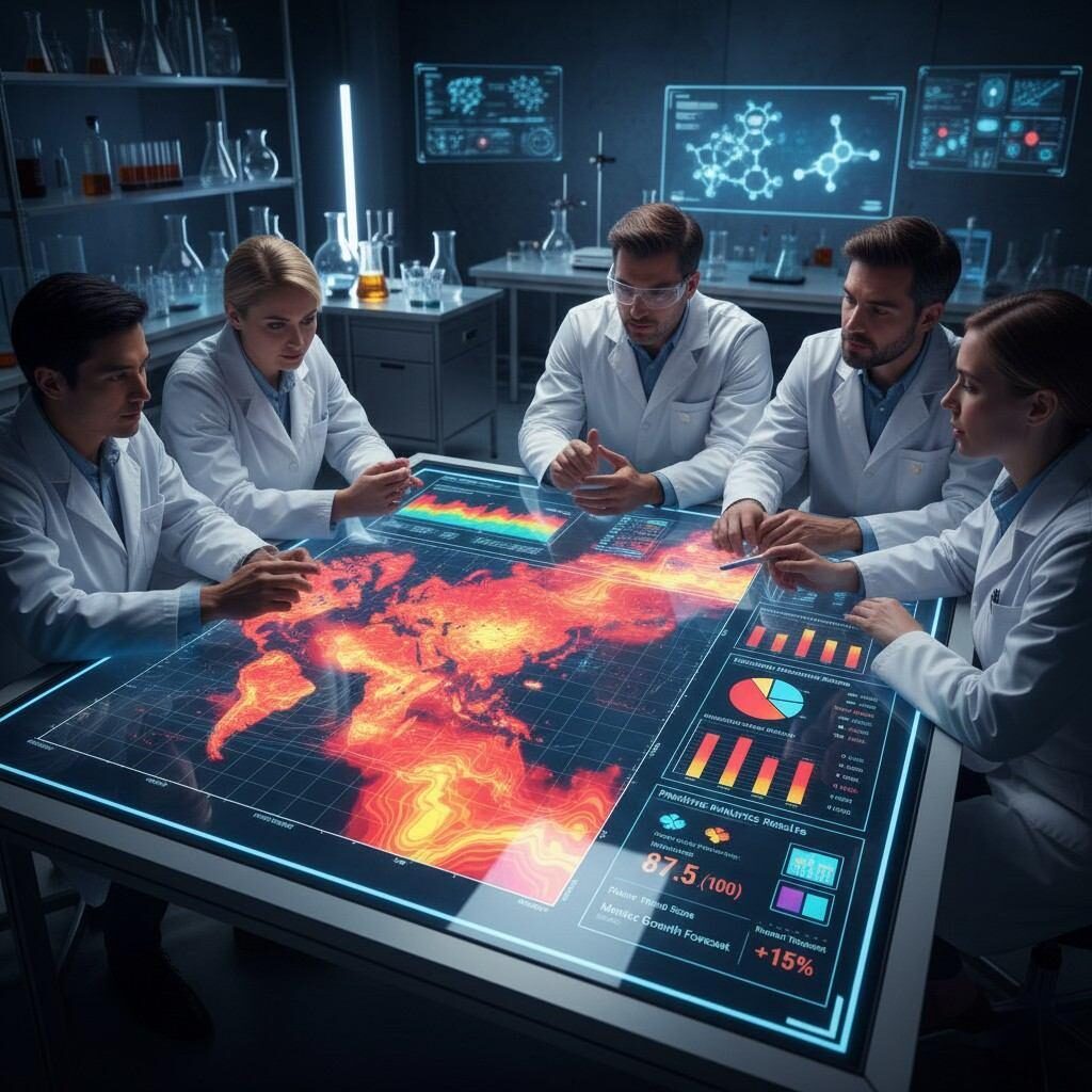 A collaborative R&D team in a modern lab setting analyzes flavor heatmaps, consumer preference charts, and predictive analytics results displayed on digital screens to make data-driven decisions for new food and beverage product development