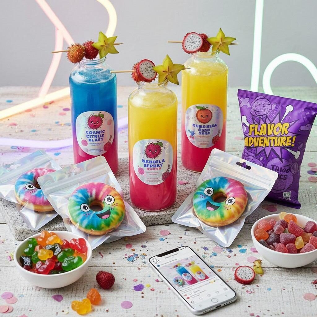 A festive display of limited-edition beverages and snacks featuring layered colors and bold, exotic flavors that make them highly shareable on social media. The image captures the playful presentation and vibrant aesthetic of temporary, high-impact menu items designed to drive consumer excitement and engagement.