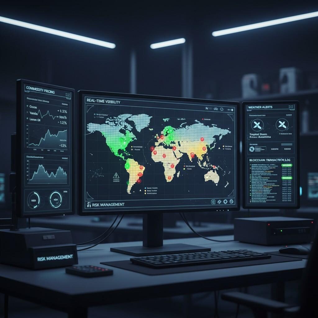 A futuristic computer screen displays a multi-layered dashboard with a world map showing supplier risk. Side panels feature real-time data for "Commodity Pricing," "Weather Alerts," and "Blockchain Transaction Log," symbolizing advanced risk management and real-time visibility in global supply chains.