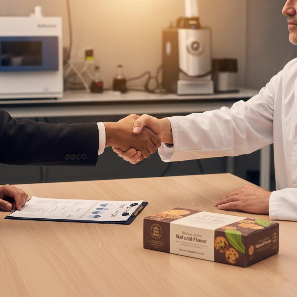 A crisp, professional photo captures a client representative and a flavor house R&D expert shaking hands over a table. A clipboard with technical notes and a finished food product symbolizes a successful partnership, with warm lighting conveying trust and collaboration.
