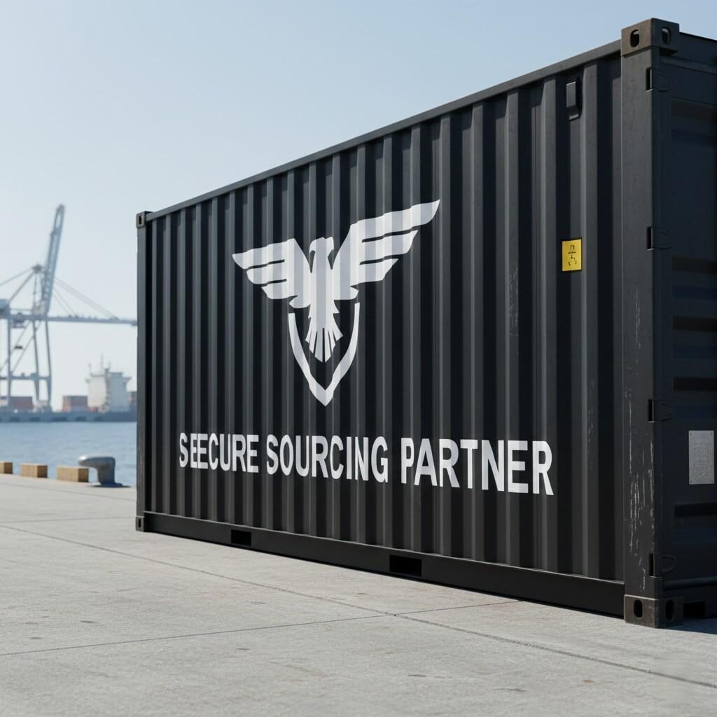 A stylized, professionally photographed shipping container, boldly labeled "Secure Sourcing Partner" with a company logo, rests on a stable dry dock. This image symbolizes dependable and reliable logistics, ensuring a secure and efficient supply chain.