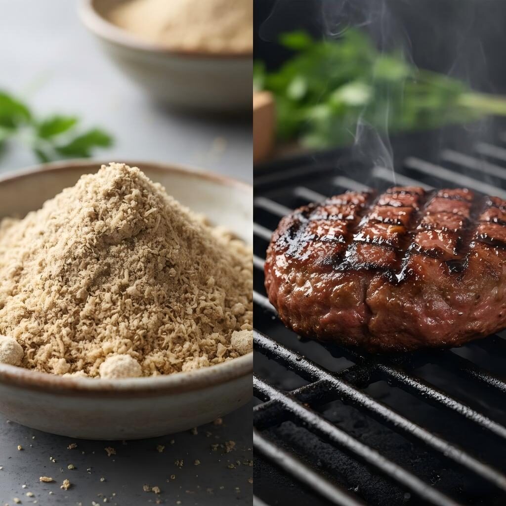 Una fotografía macro en pantalla dividida que muestra la transformación física de una proteína vegetal en polvo cruda y texturizada en una suculenta hamburguesa a base de plantas perfectamente asada.
