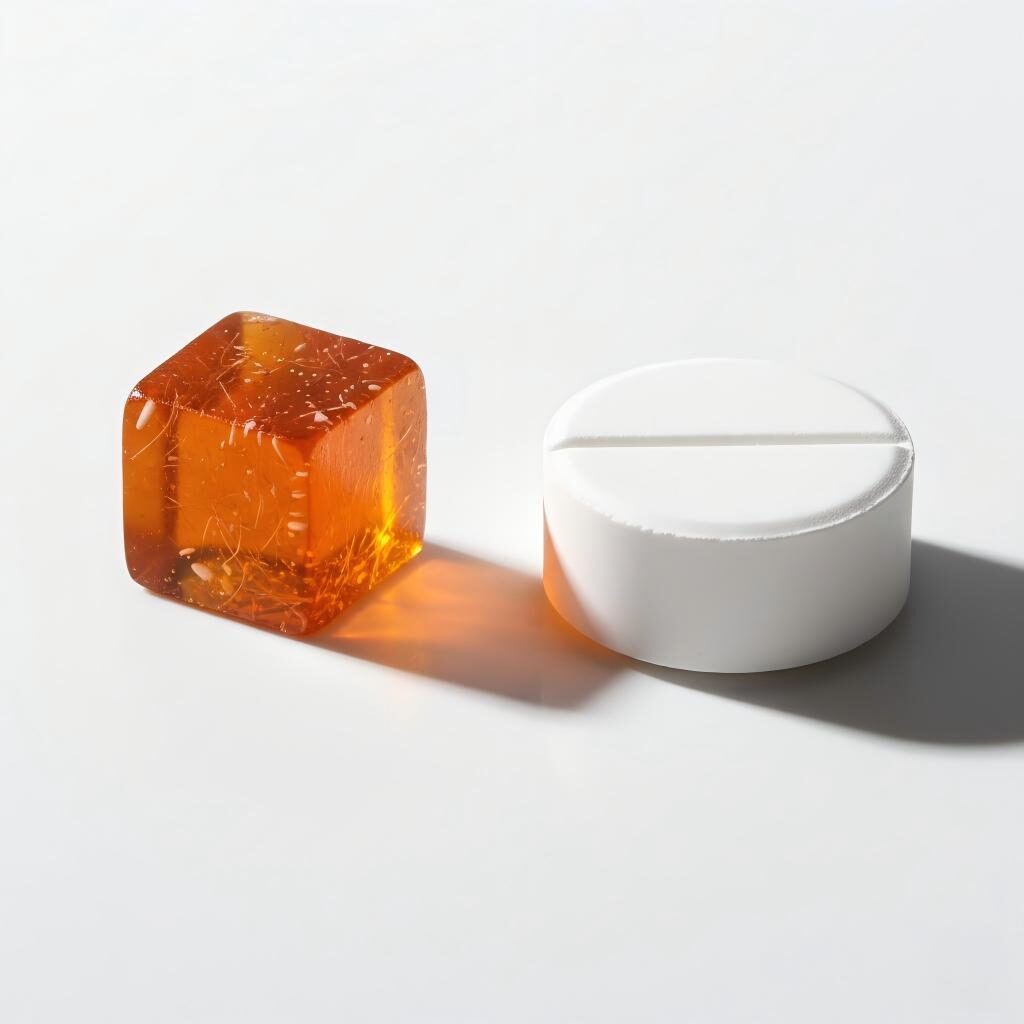 高分辨率宏观照片展示了半透明软糖和时尚压缩片之间的结构对比，非常适合可视化不同的营养保健品输送形式。