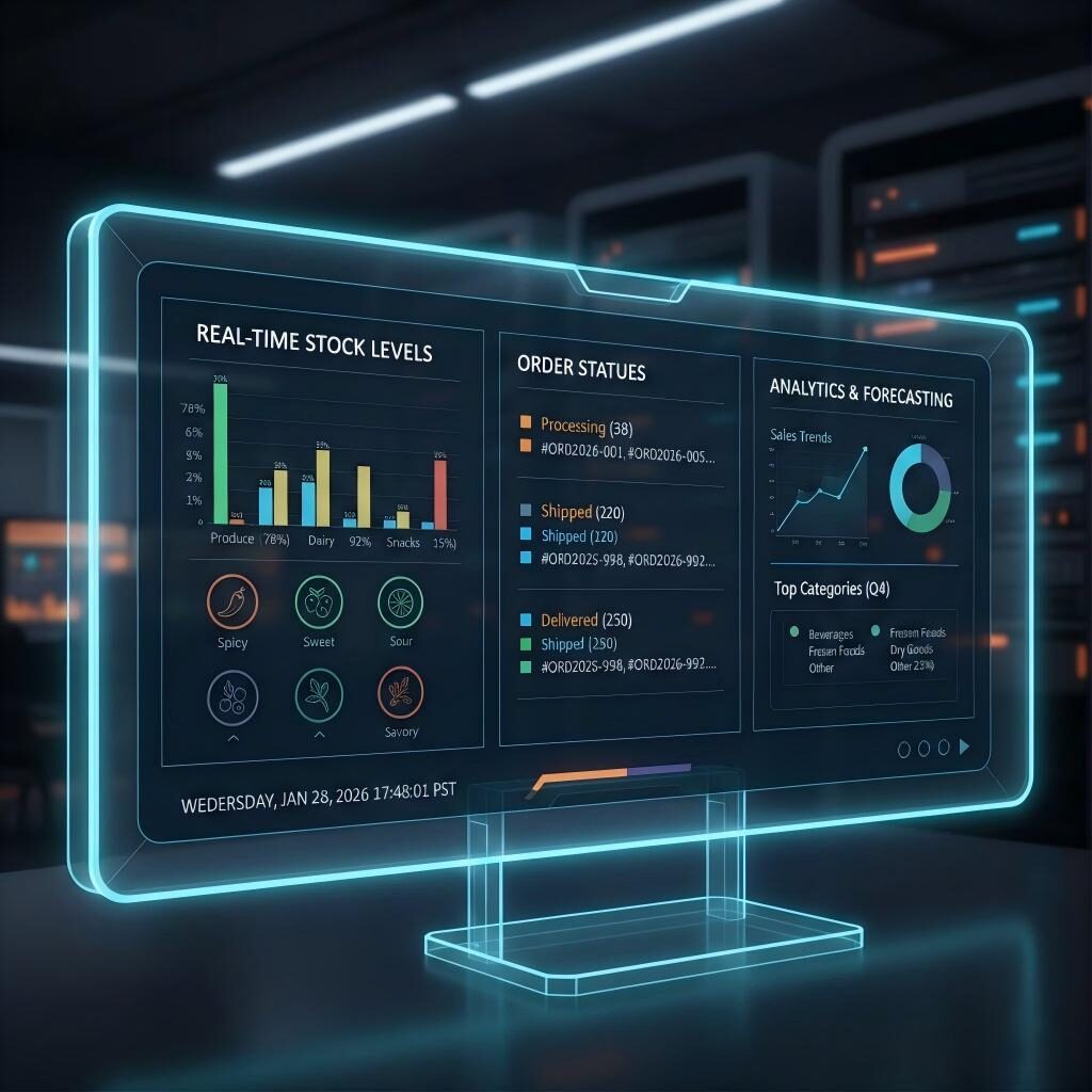 Una representación elegante y futurista de un panel de gestión de inventario que presenta niveles de existencias en tiempo real, estados de pedidos y análisis de categorías de sabores únicos para la industria de alimentos y bebidas.