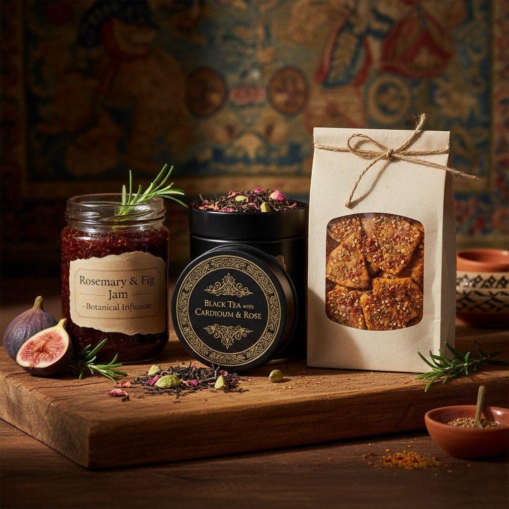 风格精美的社论图片展示了三种优质手工产品:一罐迷迭香和无花果果酱、一罐小豆蔻和玫瑰红茶,以及用烟熏辣椒粉和 Za’atar 调味的咸味饼干。该作品强调高超的工艺和精致的全球烹饪影响力,非常适合美食博客、零售和生活方式内容