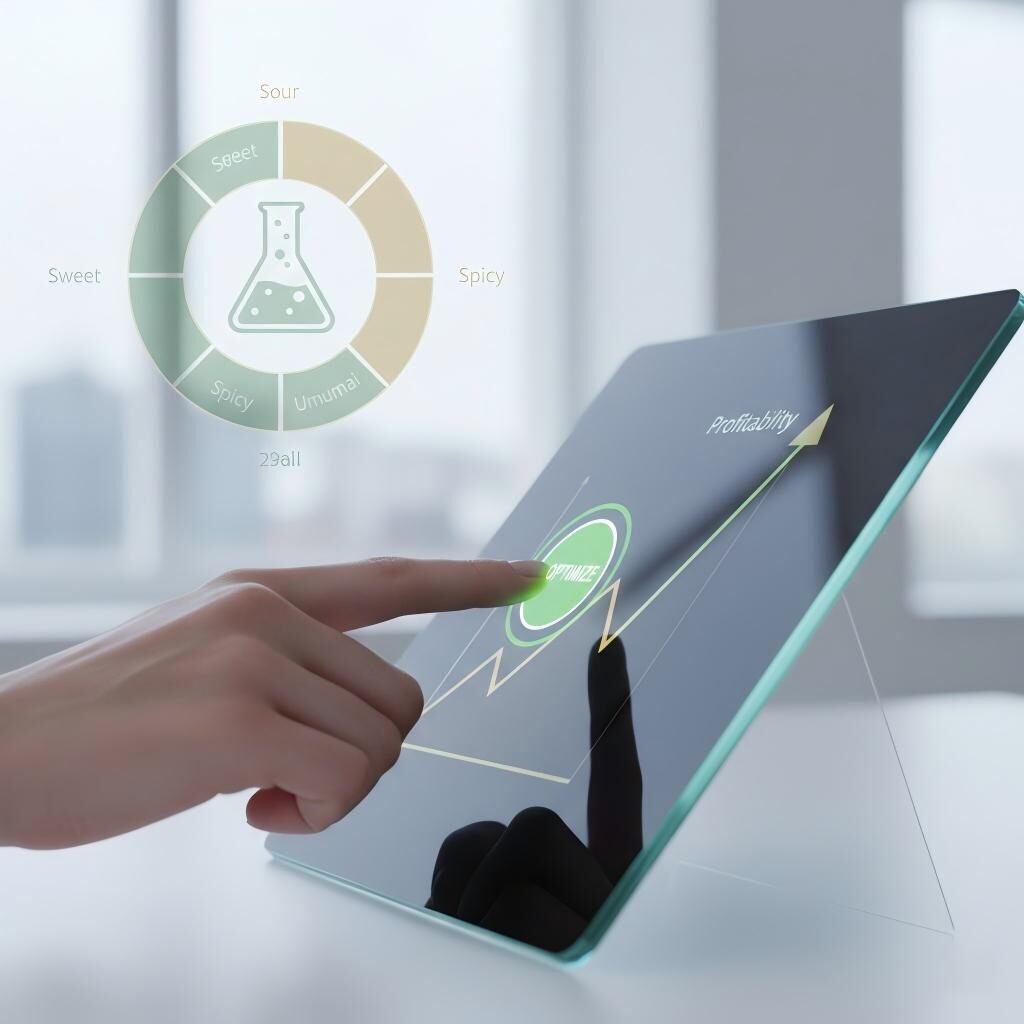 Una imagen limpia y moderna de una mano interactuando con una tableta digital que muestra una tendencia ascendente en la rentabilidad, con una rueda de sabor estilizada y un vaso de precipitados para representar el éxito basado en datos en la industria de los sabores.