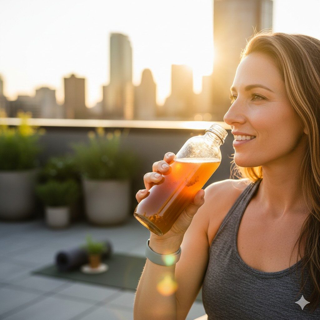 Une photographie de style de vie dynamique d'une personne soucieuse de sa santé dégustant un kombucha rafraîchissant sur un toit urbain au coucher du soleil, mettant en valeur la vitalité naturelle.