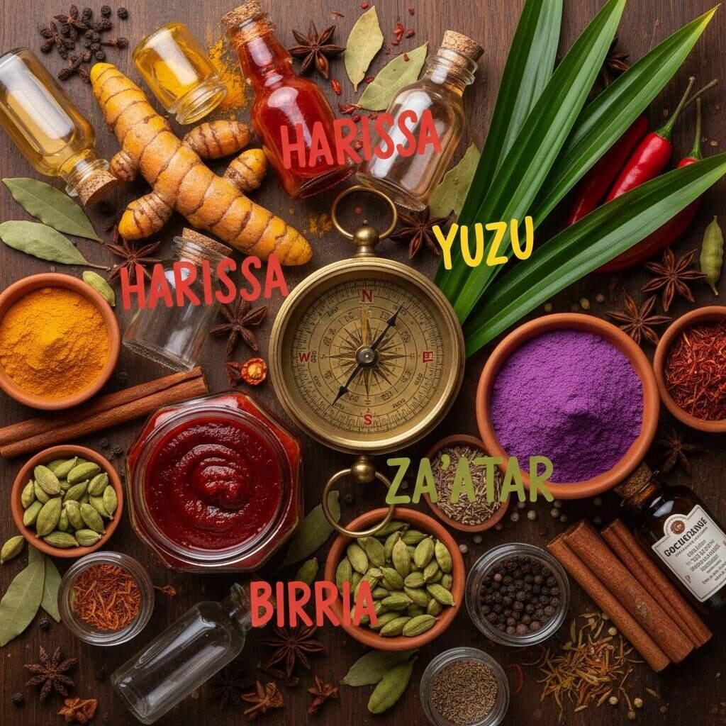 A vibrant, stylized flat lay mosaic featuring globally-sourced spices (turmeric, ube, pandan) and extracts, centered around a compass with bold international flavor names, conveying discovery and culinary adventure