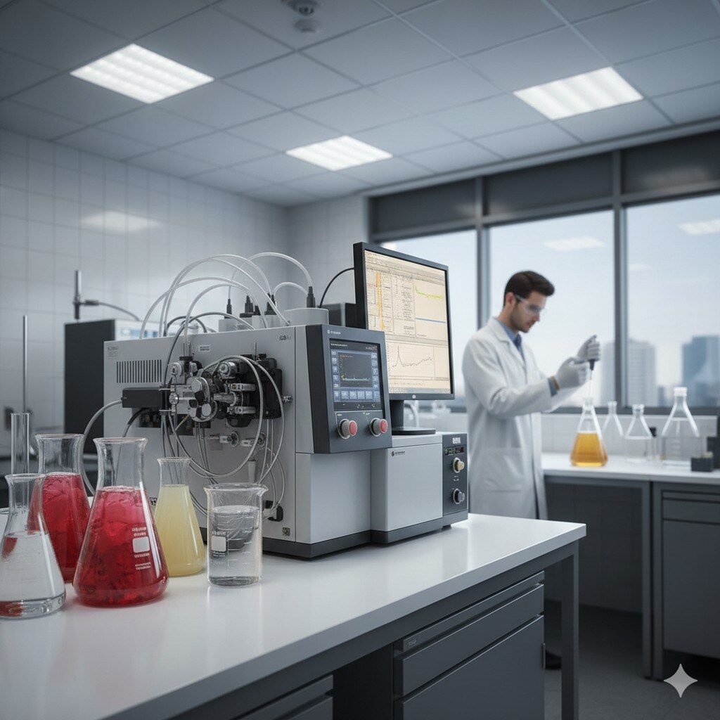 A high-resolution view of a state-of-the-art beverage lab where traditional fermented liquids meet advanced GC-MS analysis for precise flavor profiling and quality control.