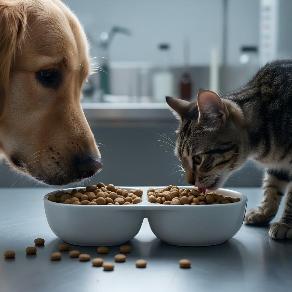 A high-quality close-up of a dog and cat sampling premium kibble in a controlled laboratory setting. Illustrating the science of pet food palatability, nutrition research, and professional food development.