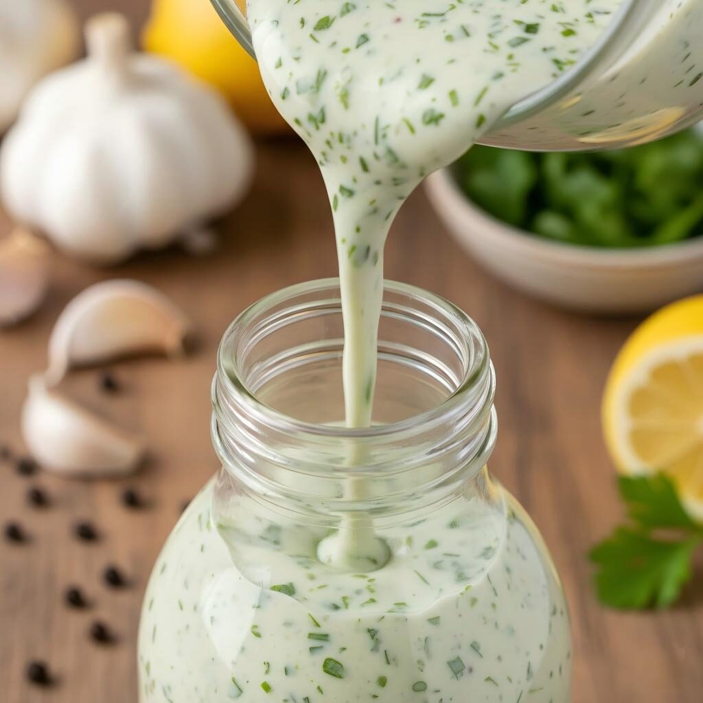 A macro photograph captures a creamy herb dressing with visible fresh herbs being poured into a glass bottle, surrounded by garlic, peppercorns, and lemons.