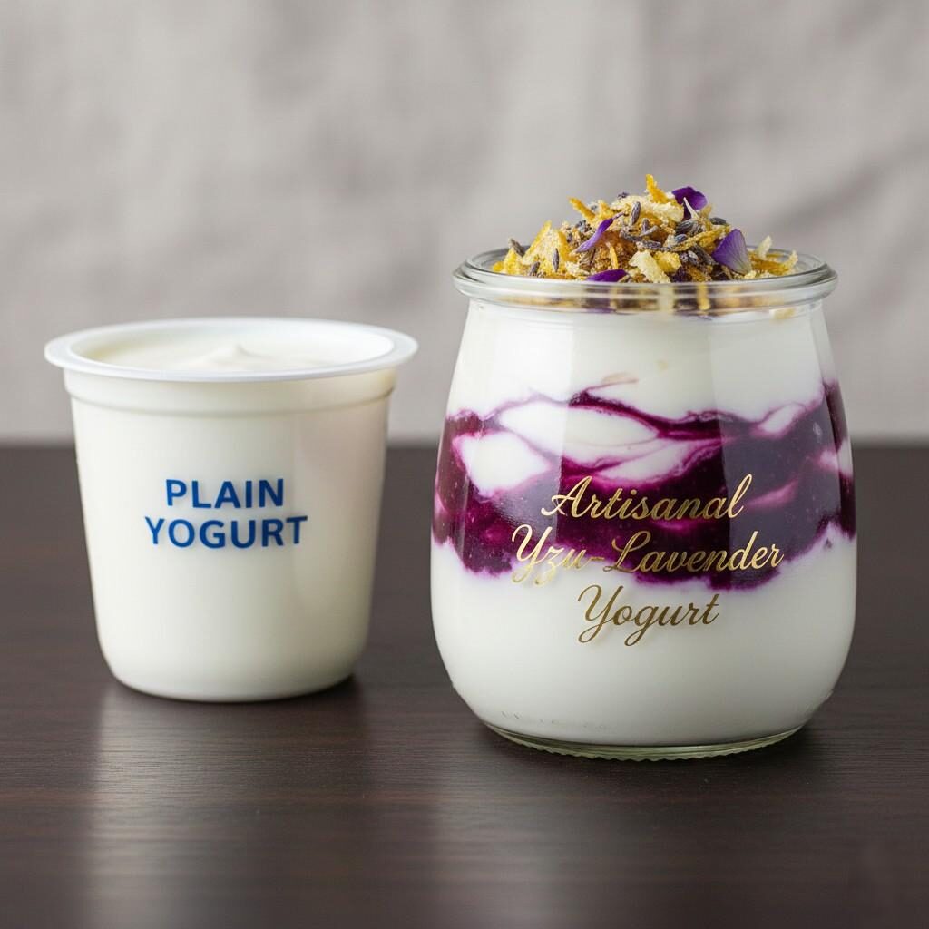 A high-end editorial photograph contrasting a simple, plain yogurt cup with a luxurious glass jar of thick, artisanal yogurt layered with deep purple sauce and exotic spices. Soft, luxurious lighting emphasizes texture and the rarity of the premium, gourmet product. Ideal for food marketing, luxury branding, and culinary blogs