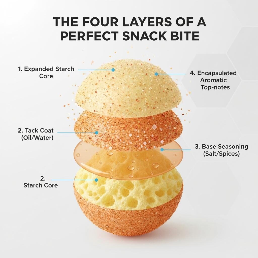 A detailed technical infographic breaking down the four essential layers of a seasoned snack, from the expanded starch core to the final aromatic top-notes.