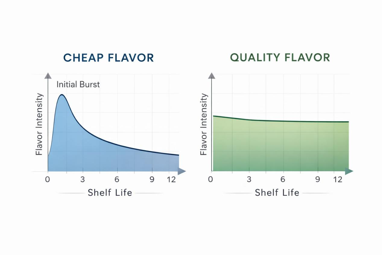 Professional side-by-side infographic comparing cheap flavor versus quality flavor performance over a 12-month shelf life. The visual highlights rapid flavor drop-off versus stable, sustained release using clean lines and a corporate color palette, ideal for product education and marketing.