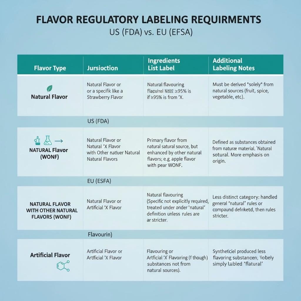 A technical comparison of flavor labeling requirements for Natural, WONF, and Artificial flavors under US FDA and EU EFSA/EC jurisdictions for food industry compliance.