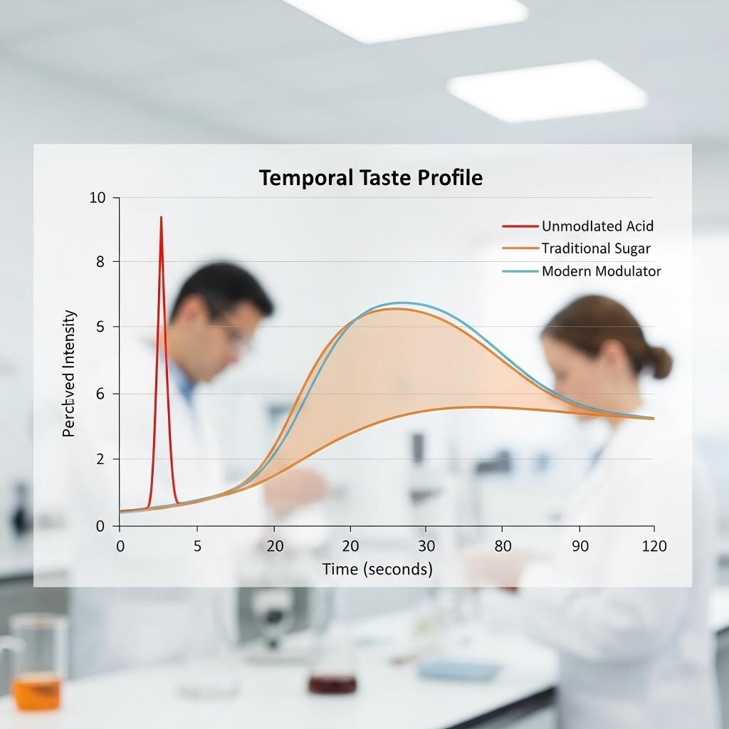 A technical line graph illustrating the Temporal Taste Profile of three beverage formulations. It visualizes the sharp sensory spike of unmodulated acid, the balanced curve of traditional sugar, and how modern flavor modulators fill the taste gap to mimic a natural sugar profile.