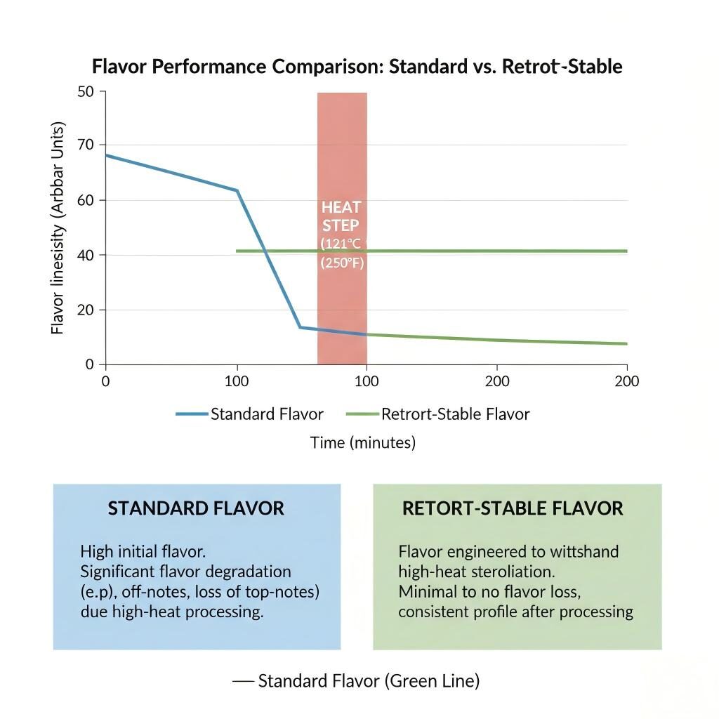 A technical performance graph illustrating how retort-stable flavors maintain consistent intensity throughout high-heat processing compared to significant degradation in standard flavors.