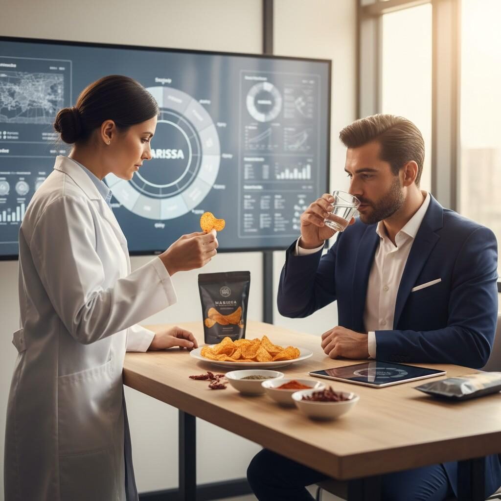 A professional flavorist and a client review an exotic-flavored prototype, such as a Yuzu cookie, in a tasting room. The scene is backed by technical charts and flavor wheels, emphasizing the strategic and technical nature of their partnership in food and beverage innovation