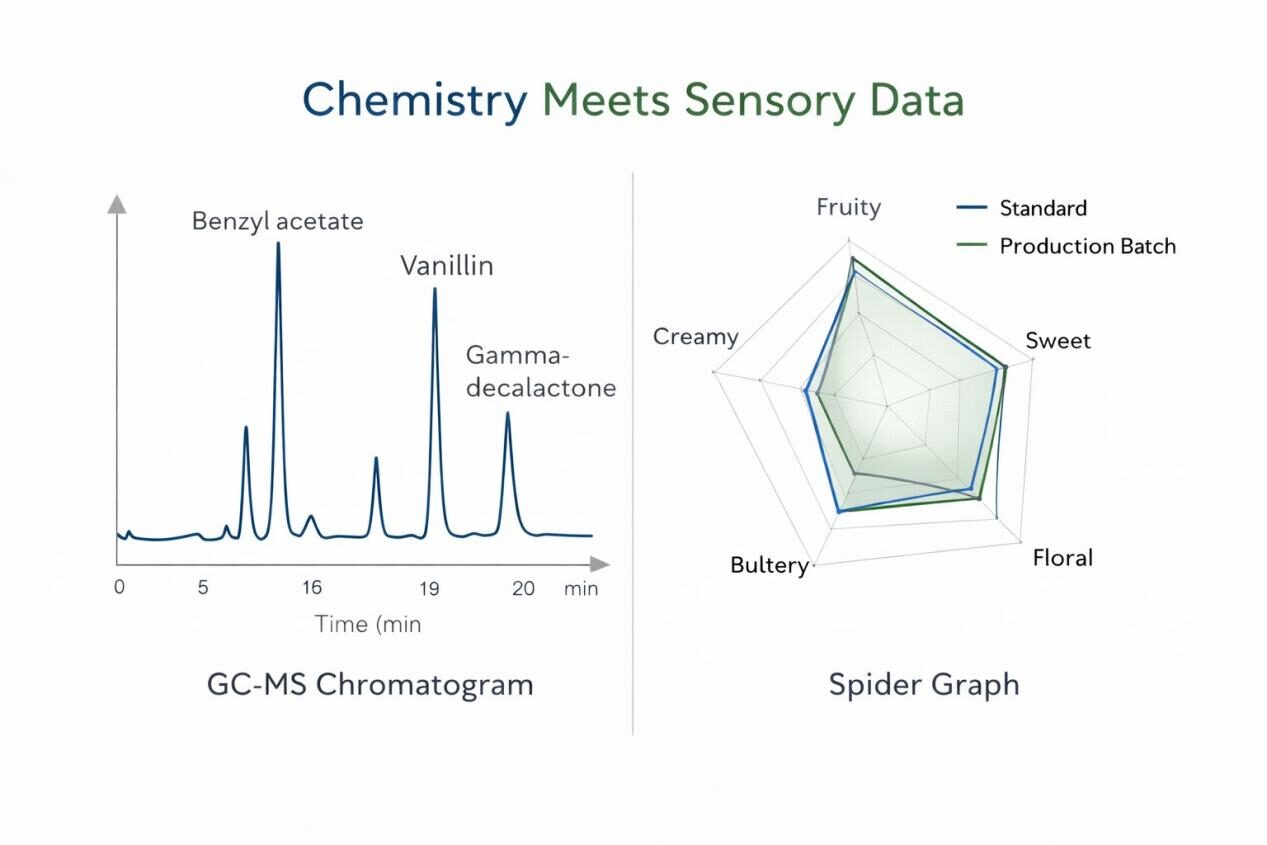 Split-screen infographic displaying a GC-MS chromatogram on the left with labeled aroma molecule peaks and a radar chart on the right comparing sensory attributes of 'Standard' vs 'Production Batch'. The visual highlights the precise alignment between chemical analysis and sensory evaluation in flavor production.