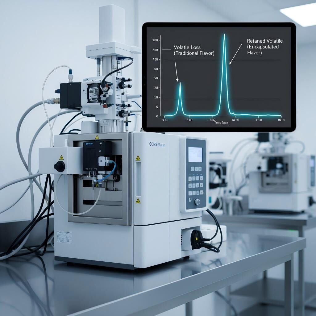 A high-resolution laboratory photograph of a GC-MS system with a chromatogram inset comparing the superior volatile retention of encapsulated flavors against traditional methods.