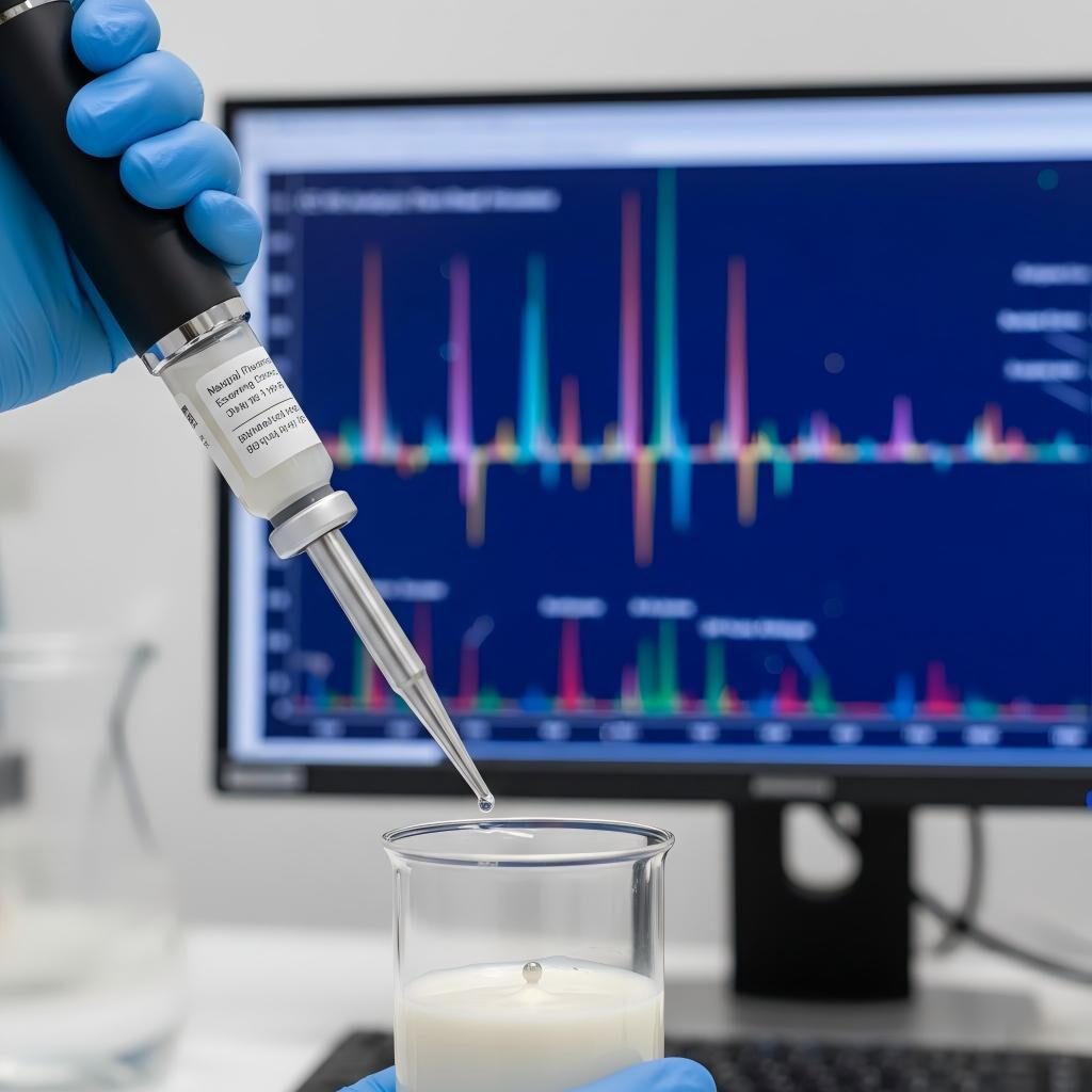 A professional laboratory setting illustrating the use of GC-MS data to guide the precise formulation of flavoring essences into plant protein bases.