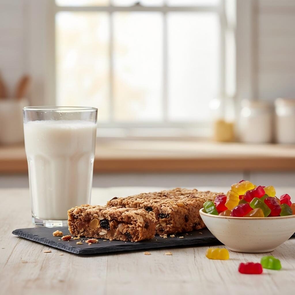 A high-quality showcase of appetizing fortified products, including high-protein bars, vibrant gummies, and functional beverages designed for both nutrition and consumer appeal.