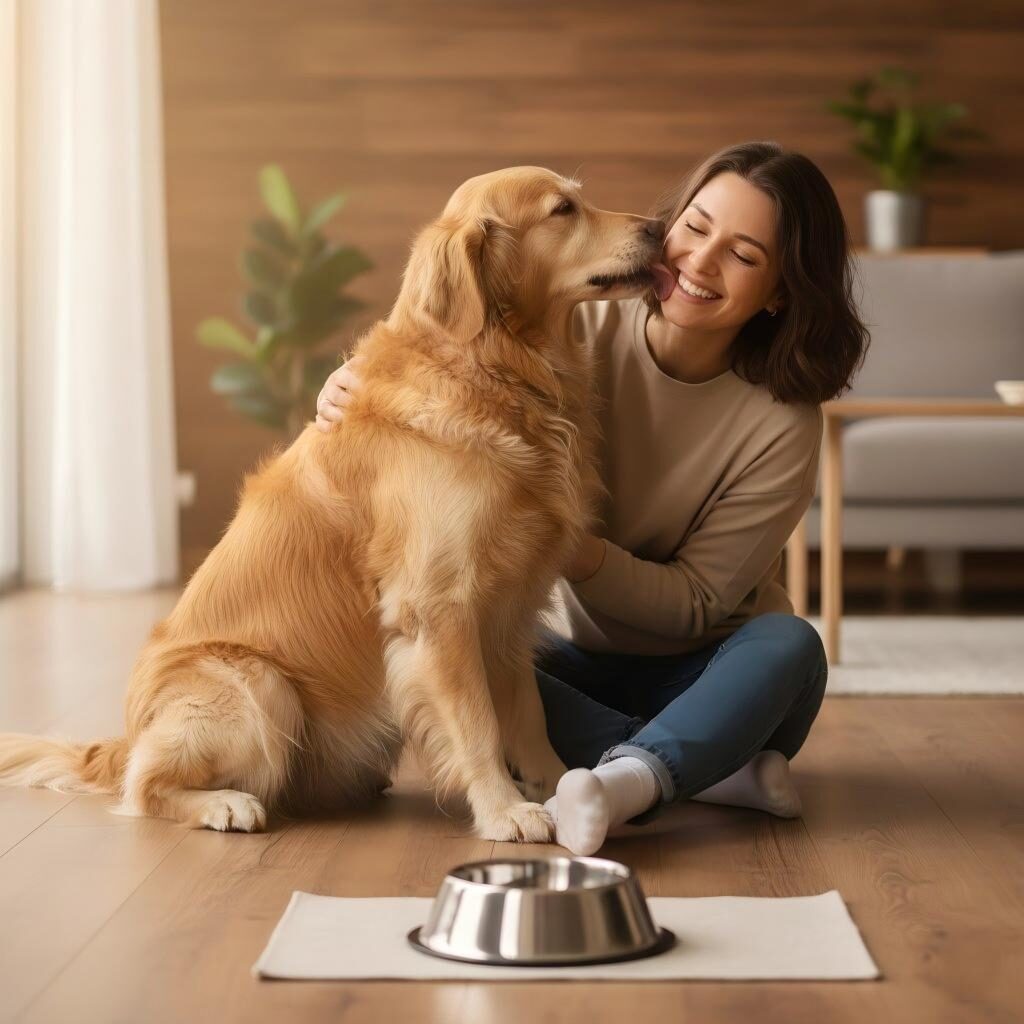 A heartwarming lifestyle photograph capturing the emotional reward of proper pet nutrition. A happy Golden Retriever licks its smiling owner’s face next to an empty bowl, showcasing the end-benefit of high-palatability pet food.