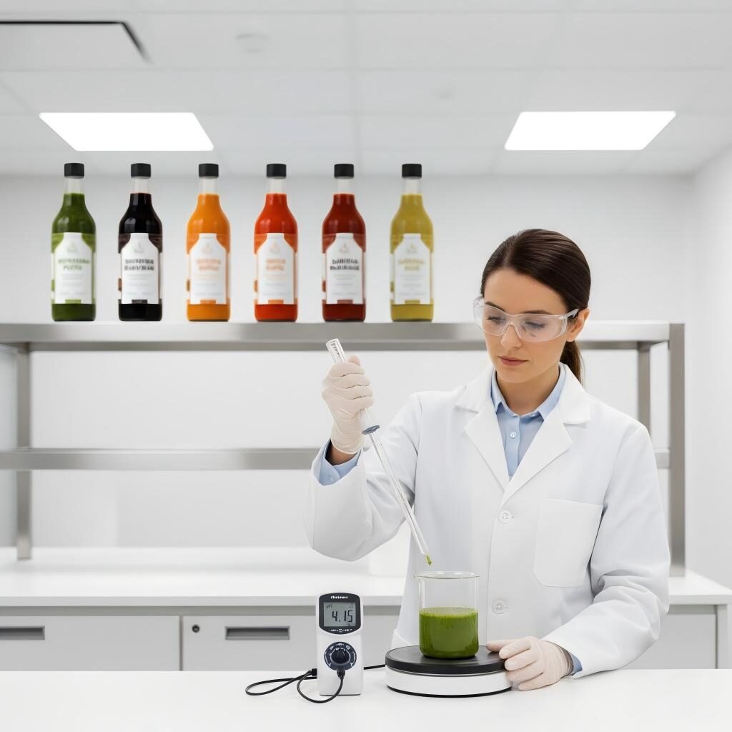 A professional flavor chemist performs a titration on a sauce sample in a clean-room lab, with finished bottles of pesto, buffalo, and balsamic sauces ready for quality testing.