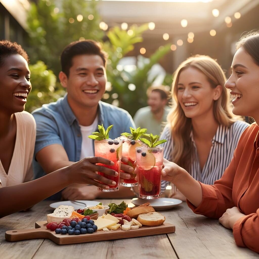 A high-contrast lifestyle image featuring a diverse group of friends enjoying vibrant, botanical-infused drinks and a fresh appetizer board in a modern, sun-drenched outdoor setting.