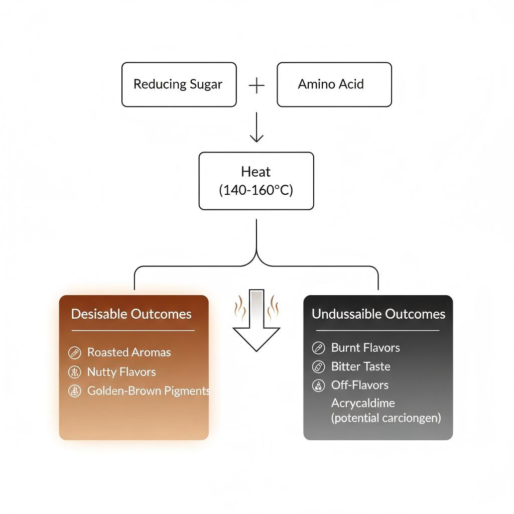 Un diagrama científico que ilustra la vía de reacción de Maillard desde azúcares reductores y aminoácidos hasta aromas tostados deseables y sabores quemados indeseables.