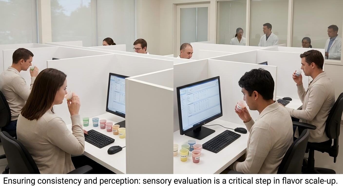 Un panel profesional de evaluación sensorial en acción, donde expertos prueban la consistencia y percepción del sabor en cabinas controladas.