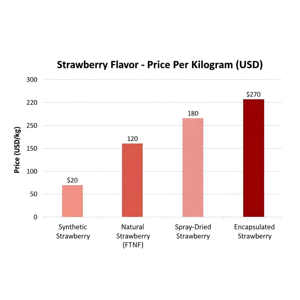 Un graphique à barres basé sur des données comparant le prix par kilogramme de différents formats d'arômes de fraise, mettant en évidence l'investissement important requis pour les technologies FTNF et encapsulées haut de gamme.