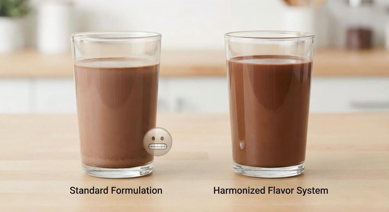 Une comparaison côte à côte de deux boissons protéinées au chocolat montrant la différence visuelle entre une formulation standard et une formulation harmonisée.