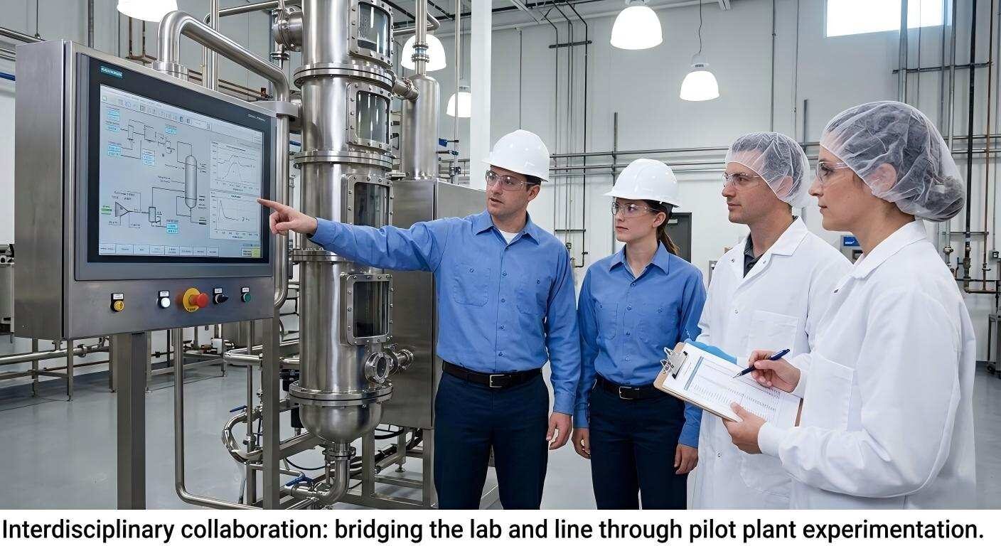 Científicos e ingenieros alimentarios colaboran en una planta piloto para cerrar la brecha entre la investigación de laboratorio y la producción a gran escala.