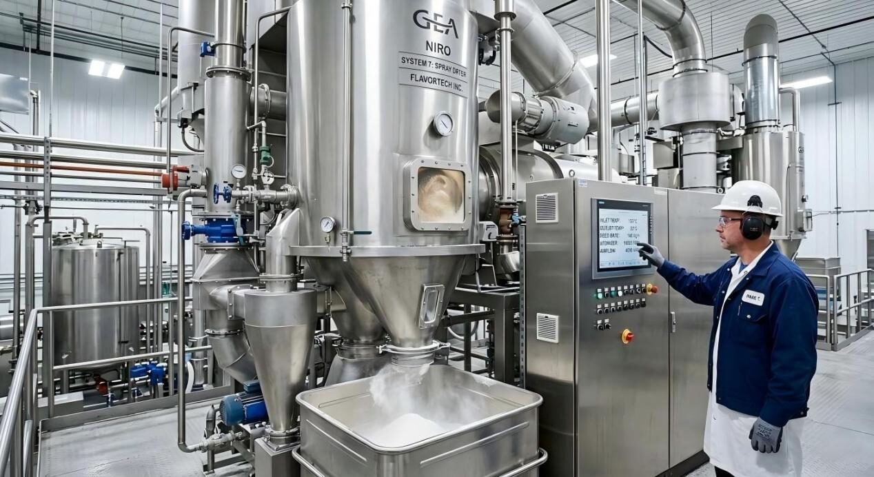 大型工业喷雾干燥机和技术人员的特写视图，展示了粉状香料生产的精密工程。